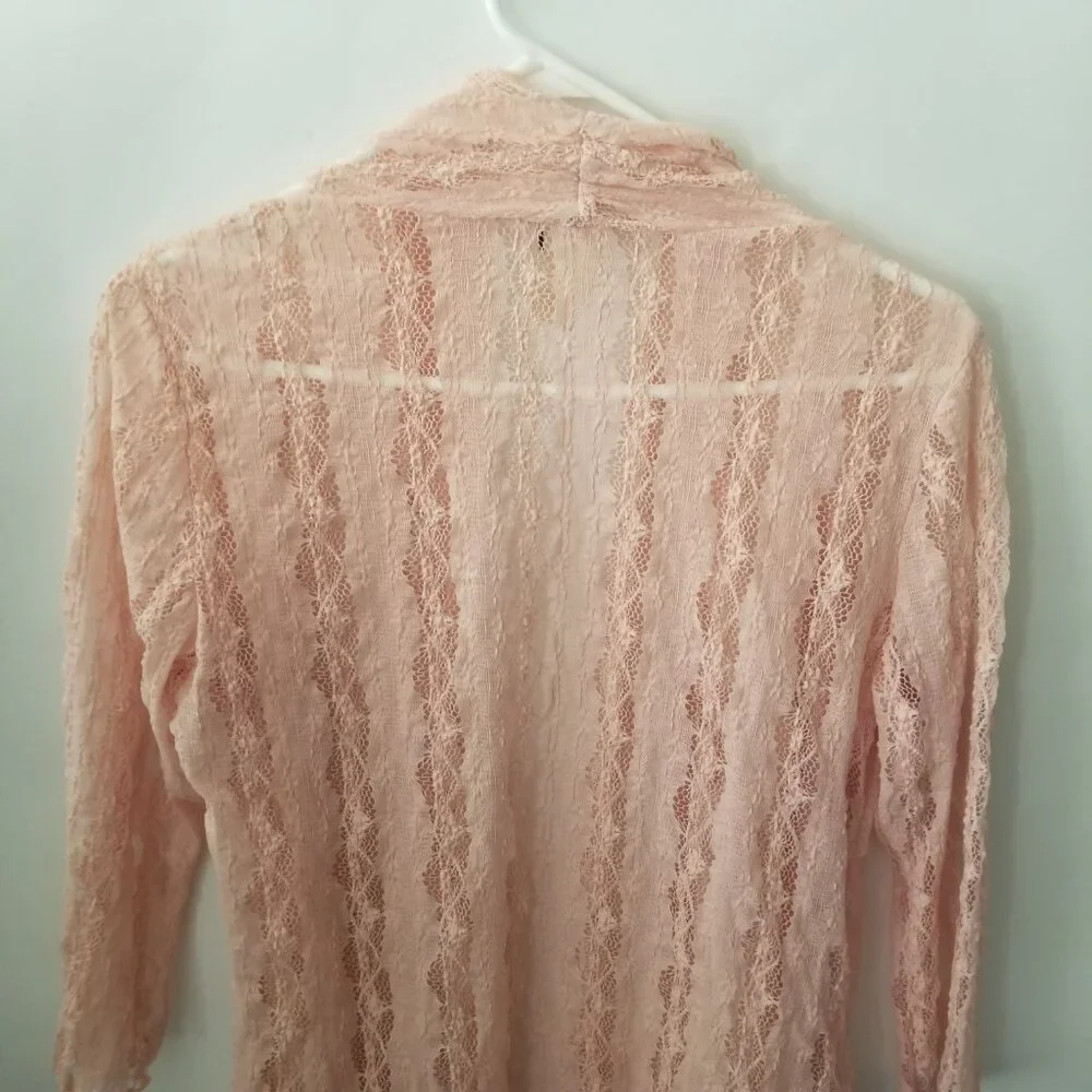 Vtg Keren Hart Women M Peach Lace Knit 3/4 Long Sleeve Lightweight Open Cardigan - Picture 7 of 13